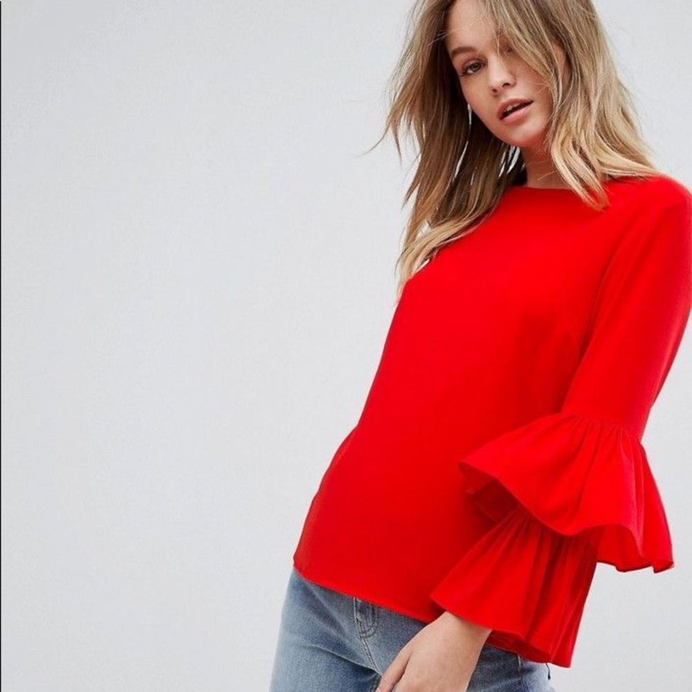 ASOS Red Holiday Frill Long sleeve Top Blouse